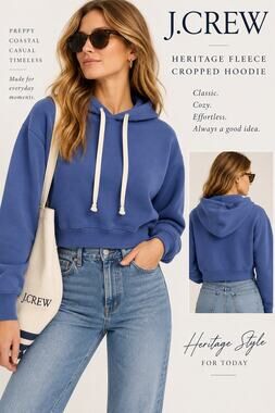 Heritage Preppy Athleisure Coastal J.Crew Heritage Fleece Cropped Hoodie Blue XS